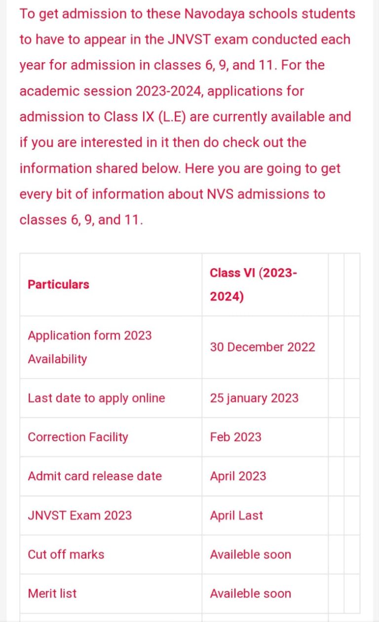 25 जनवरी 2023 तक केन्द्रीय जवाहर नवोदय विद्यालय की प्रवेश परीक्षा के लिए आवेदन