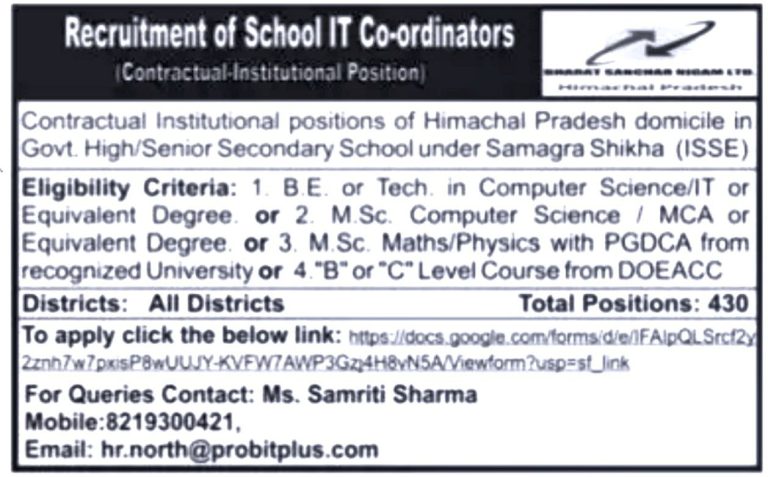 हिमाचल के सरकारी स्कूलों  में नोकरियों की बहार : HP GOVT School IT Co-ordinators Recruitment 2023, नीचे दिए लिंक पर करें अप्लाई ….