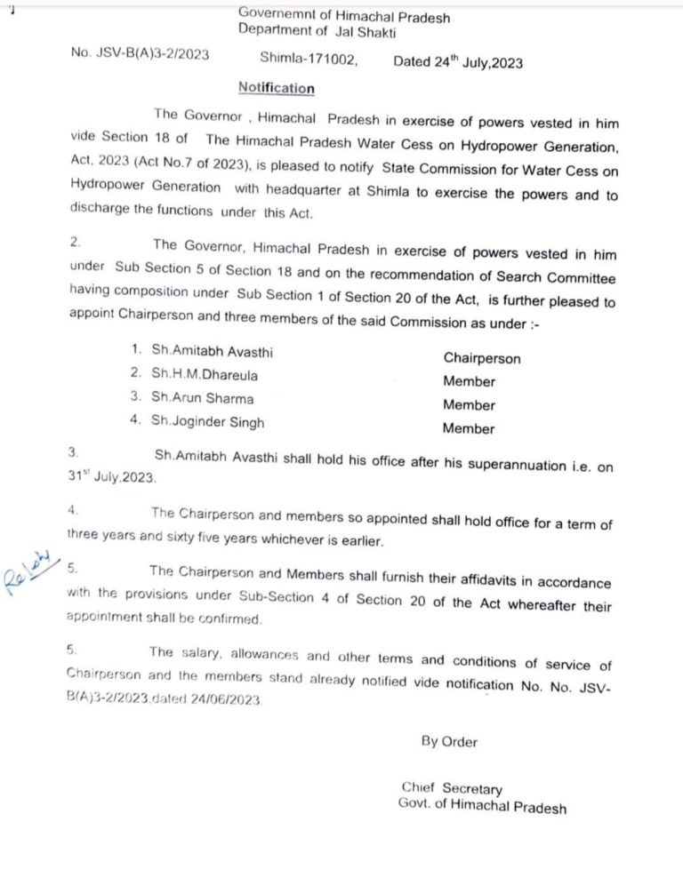 हिमाचल में वाटर सेस को लेकर बनाया गया स्टेट कमिशन, IAS अमिताभ अवस्थी जी होंगे चेयरमैन.