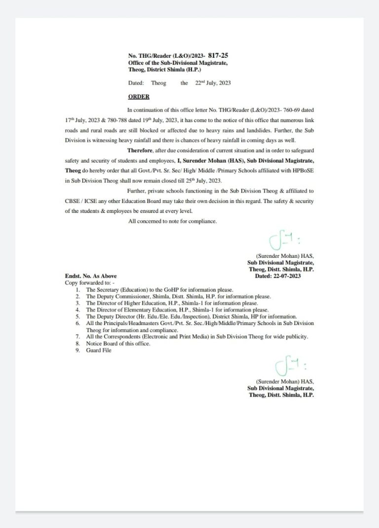 25 जुलाई तक ठियोग के स्कूलों में रहेगी छुट्टी, भारी बारिश के कारण लिया फैसला, देखें notification