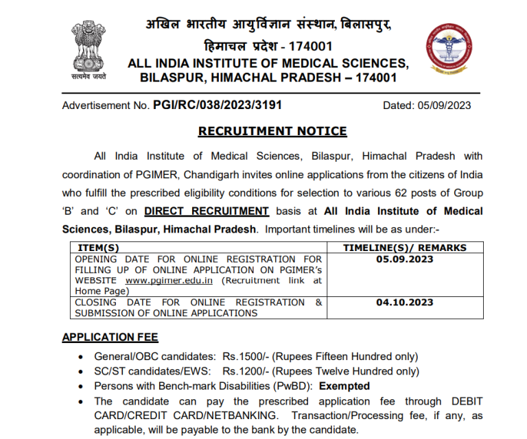 AIIMS Bilaspur HP Sr Nursing Officer, Cashier & Other Posts Recruitment 2023, Apply Online For 62 Posts