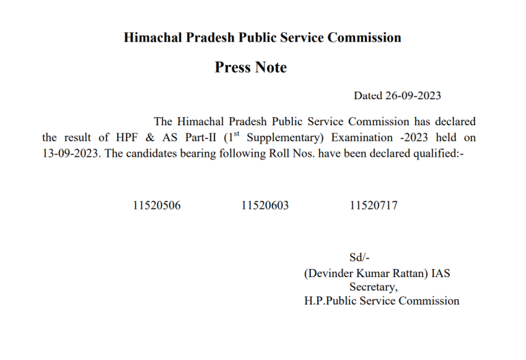 Himachal Pradesh Public Service Commission has declaredthe result of HPF & AS Part-II  Examination