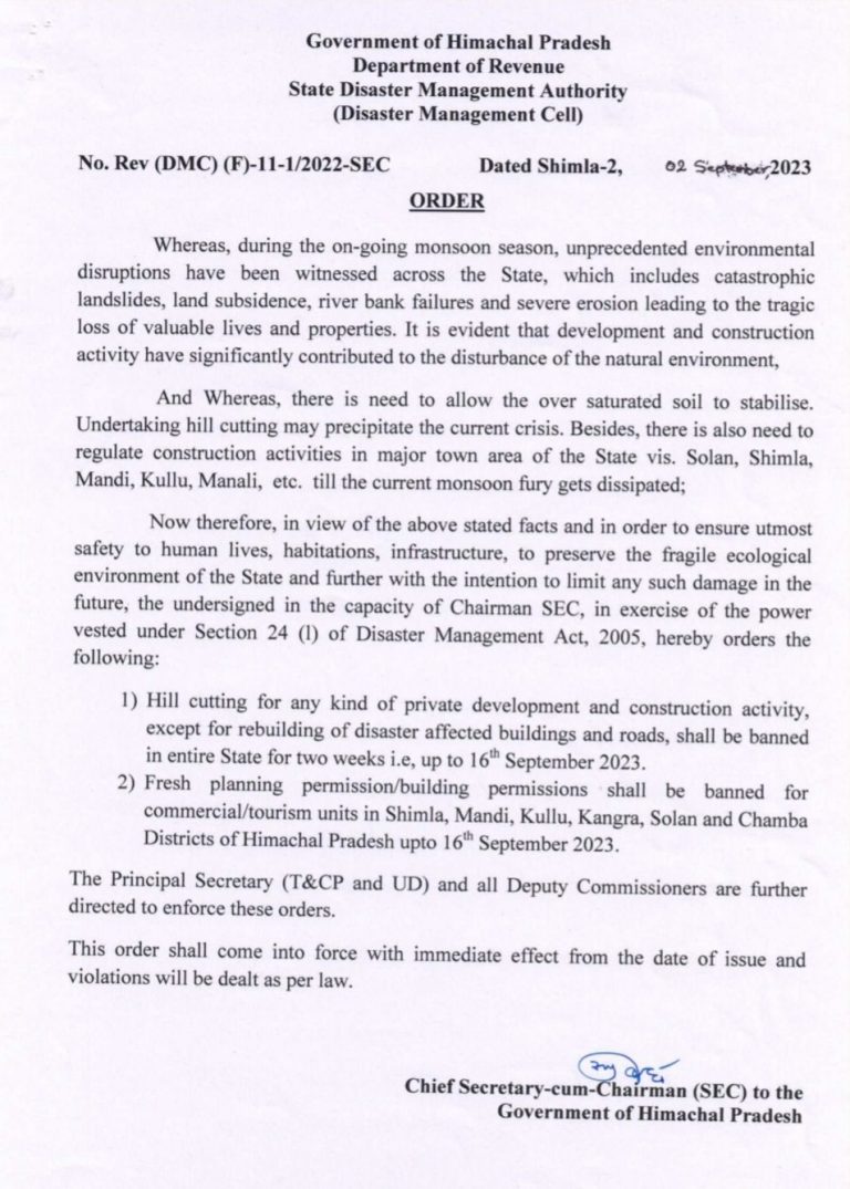 हिमाचल में 16 सितंबर तक निज़ी विकास एवम निर्माण के साथ 6 जिलों में भवन निर्माण की अनुमति पर भी प्रतिबंध.