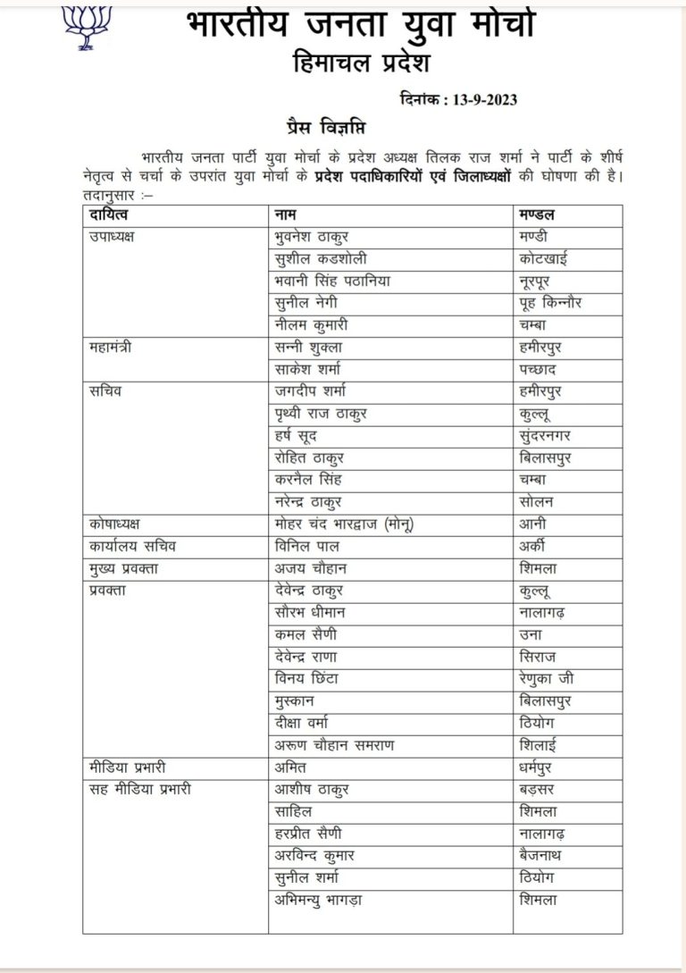 5 उपाध्यक्षों, 2 महामंत्री और 6 सचिवों के साथ भाजयुमो बनी ससक्त…..