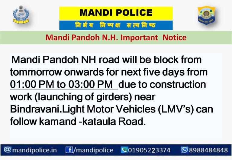 Mandi Pandoh NH road will be Blocked from 16 Jan 2024, Check Timings