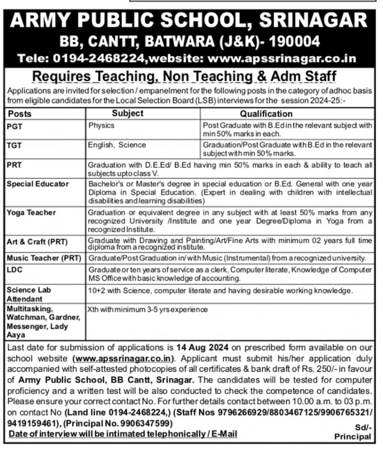 Job  Opportunity in Army Public School J&K in Teaching and Non Teaching Staff