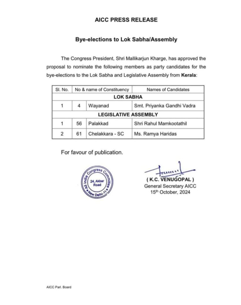 प्रियंका गांधी वायनाड लोकसभा से लड़ेंगी उपचुनाव, दो विधानसभा सीटों पर भी उम्मीदवारों की घोषणा