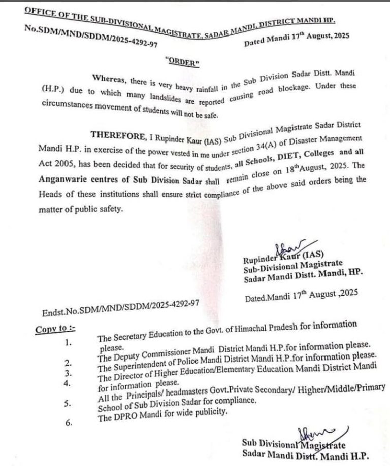 मंडी शहर(सदर)के सभी स्कूल,आंगनबाड़ी केंद्र और कॉलेज कल बंद रहेंगे, Read Notification
